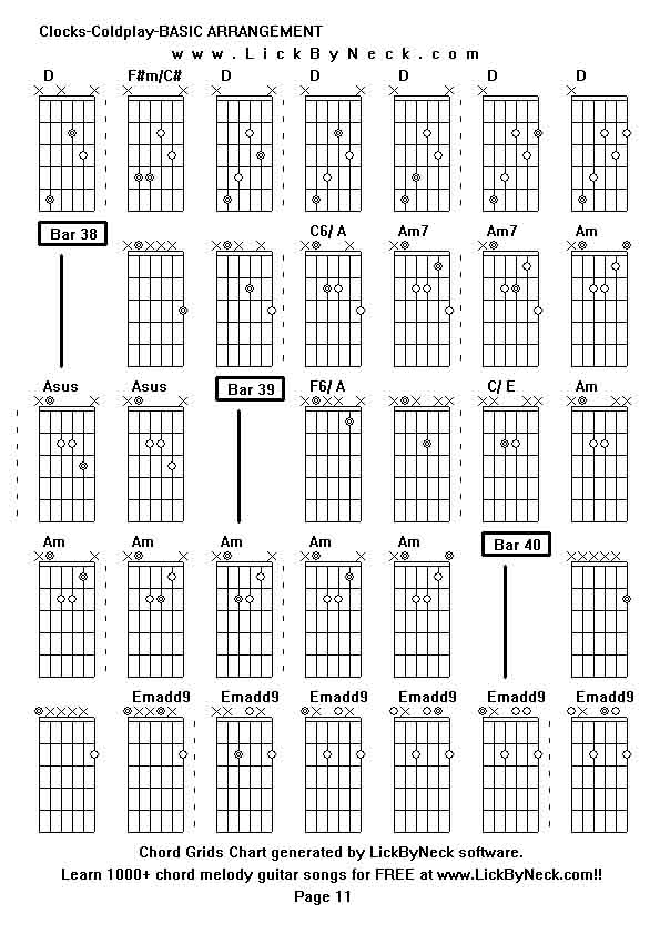 Chord Grids Chart of chord melody fingerstyle guitar song-Clocks-Coldplay-BASIC ARRANGEMENT,generated by LickByNeck software.